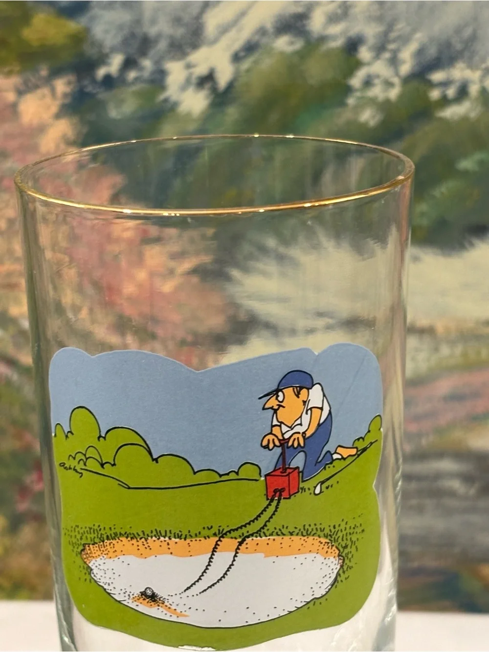 Vintage Ashby Comic Golf Highball Glasses - Set of 2 Mint 70’s Gold Rim